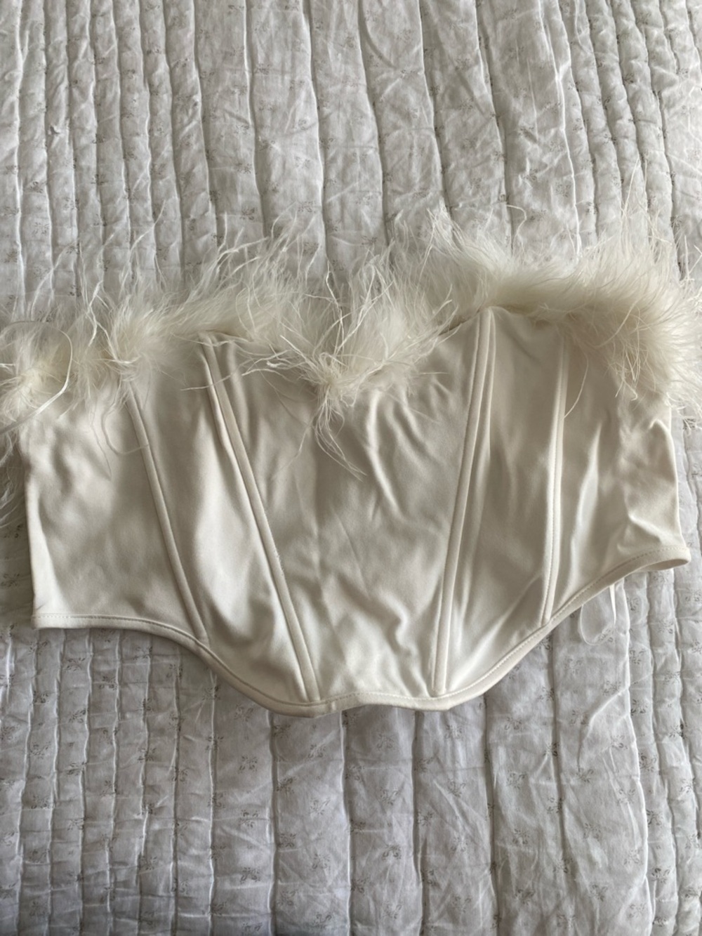 superdown Ivory Feather-Trim Strapless Bustier Crop Top